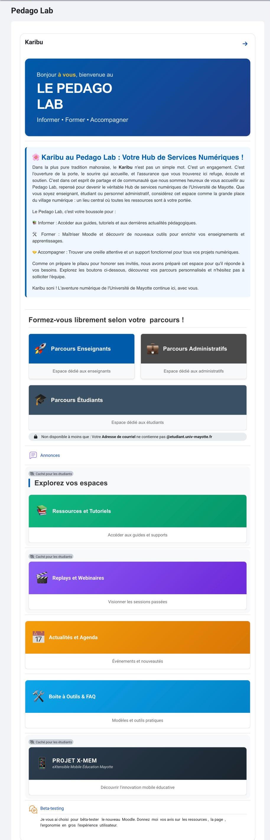 Capture complète de la page d'accueil du Pedago Lab sur Moodle